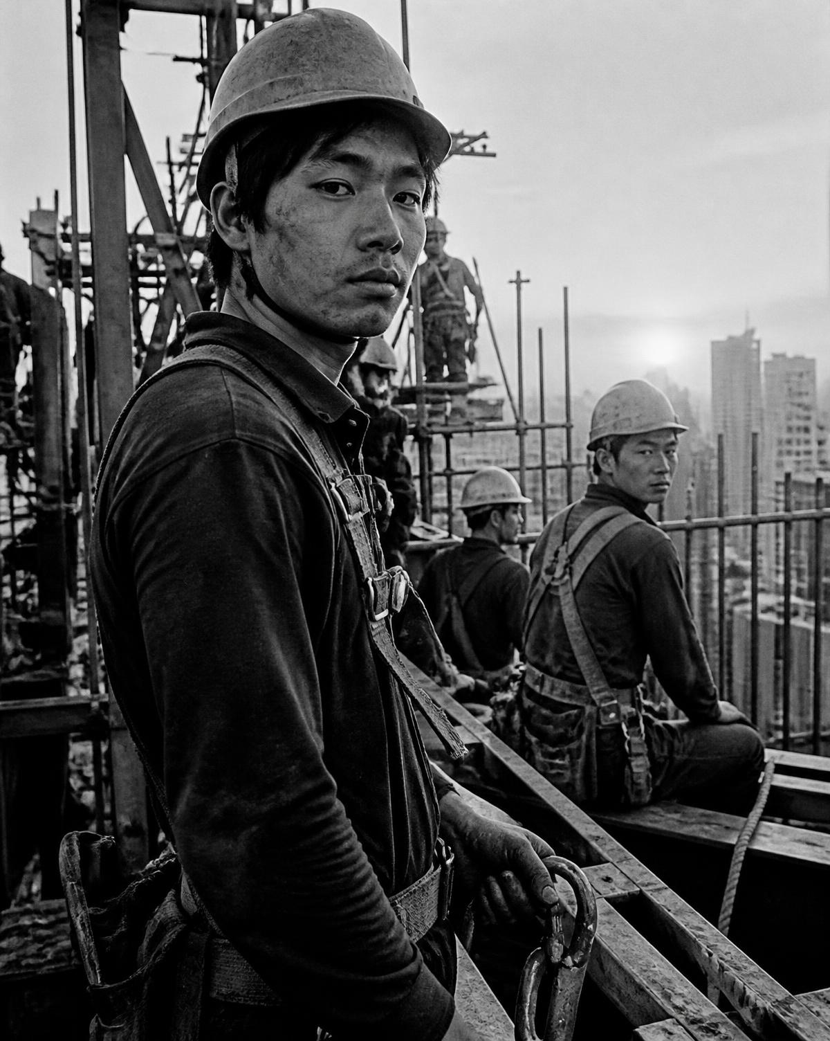 早朝の建設現場で作業する若い職人たち